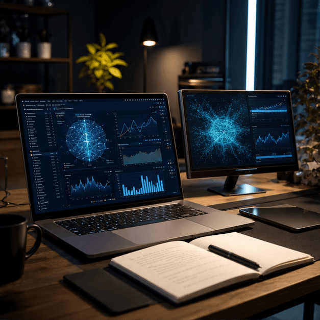 AI workstation with dashboards, notebook, and automation planning materials