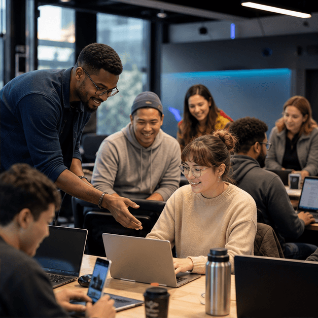 Students collaborating with laptops during a guided AI cohort workshop