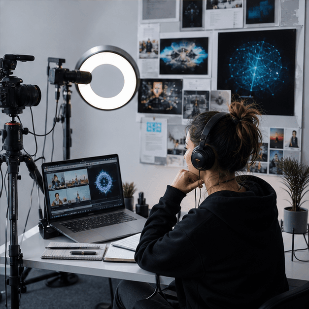 Creator studio with camera, laptop, and content planning setup