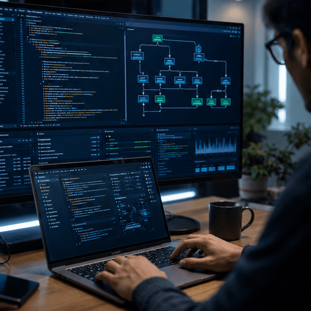Production engineering workspace with code, workflow diagrams, and system dashboards