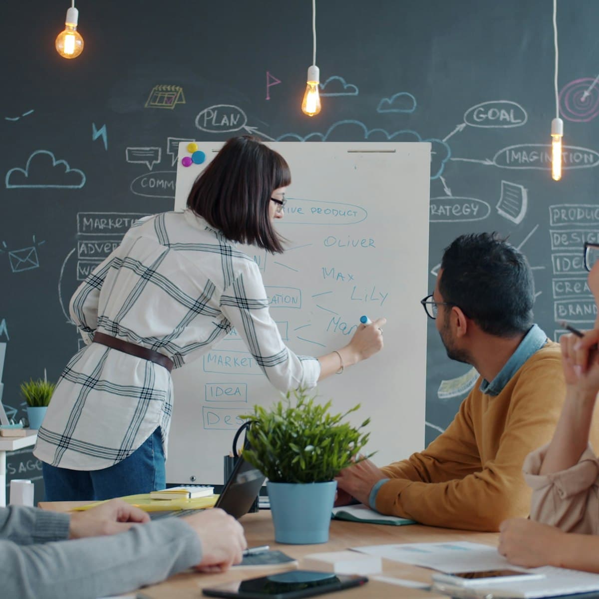Team planning a project strategy around a whiteboard